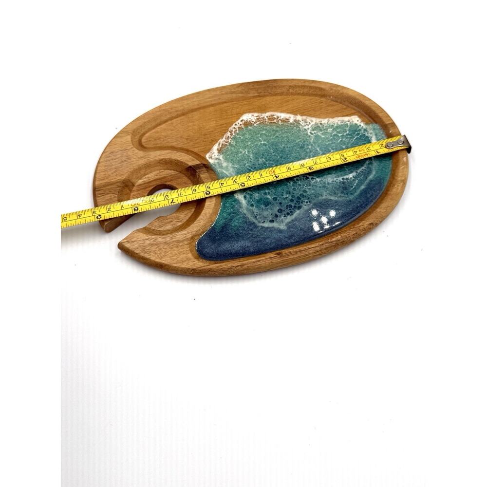 Handmade Round Wood & Resin Ocean Wave Serving Tray 9” Glossy Brown